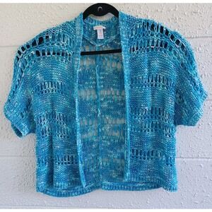 Chicos Open Knit Sweater Cardigan Teal Blue White Ombre Short Sleeve Size 3